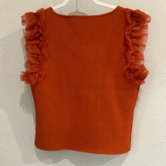Bailey 44 Top Sleeveless Tulle XL NWT Sleeves Ruffle Ribbed Stretch Knit Orange - Picture 8 of 8